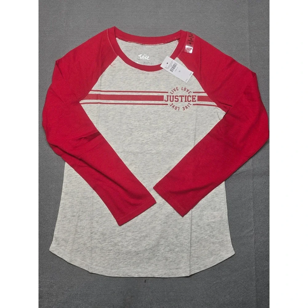 Justice Girls Raglan Tee Red Gray Long Sleeve Graphic Shirt Size 10 NEW